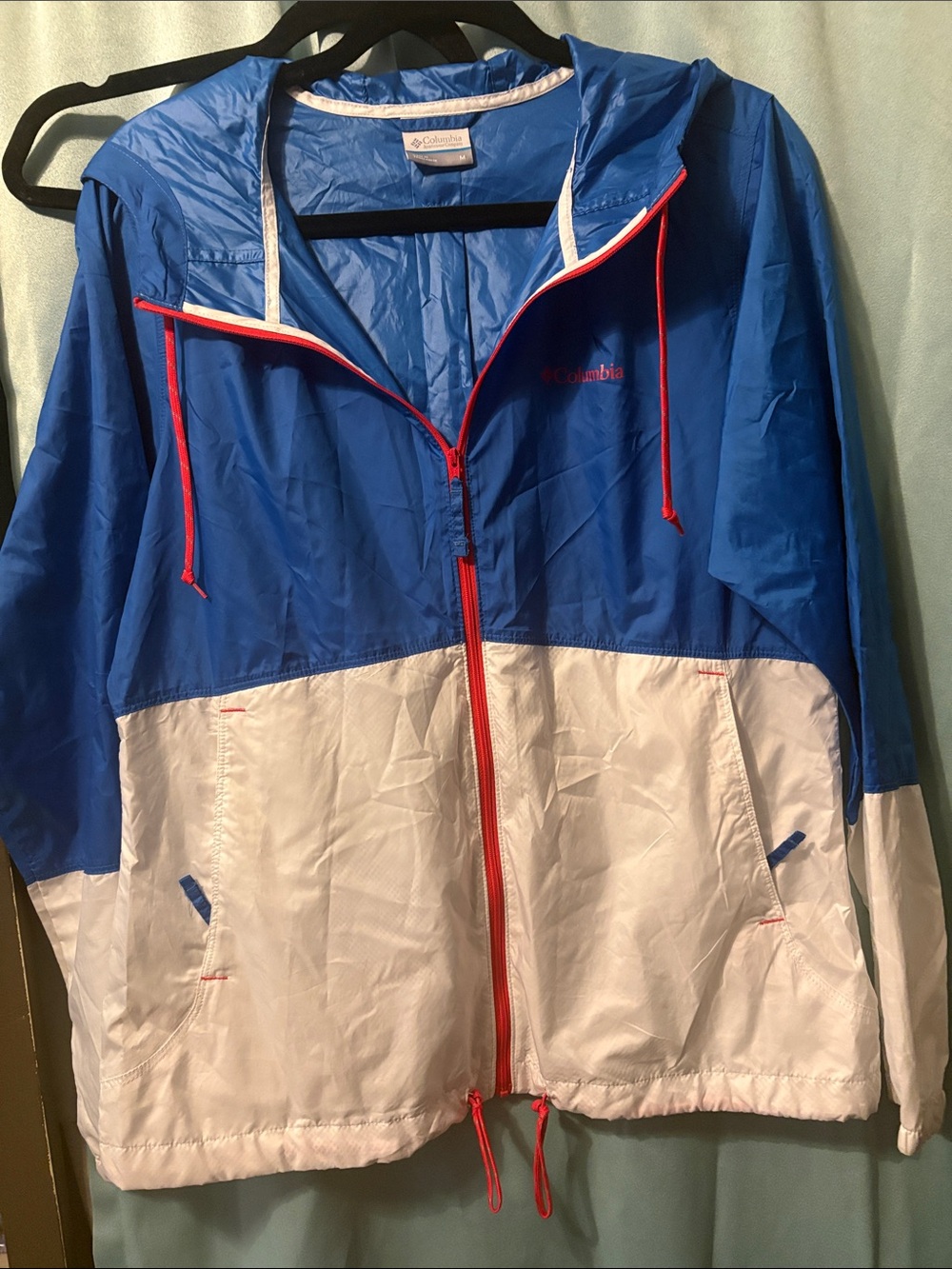 Columbia Blue, White and Red Hooded Windbreaker Jacket